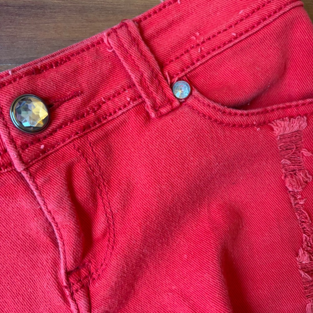 Y2k Red Distressed Denim Shorts Rhinestone Studded Raw Hem Festival Kesha Summer - Picture 3 of 7
